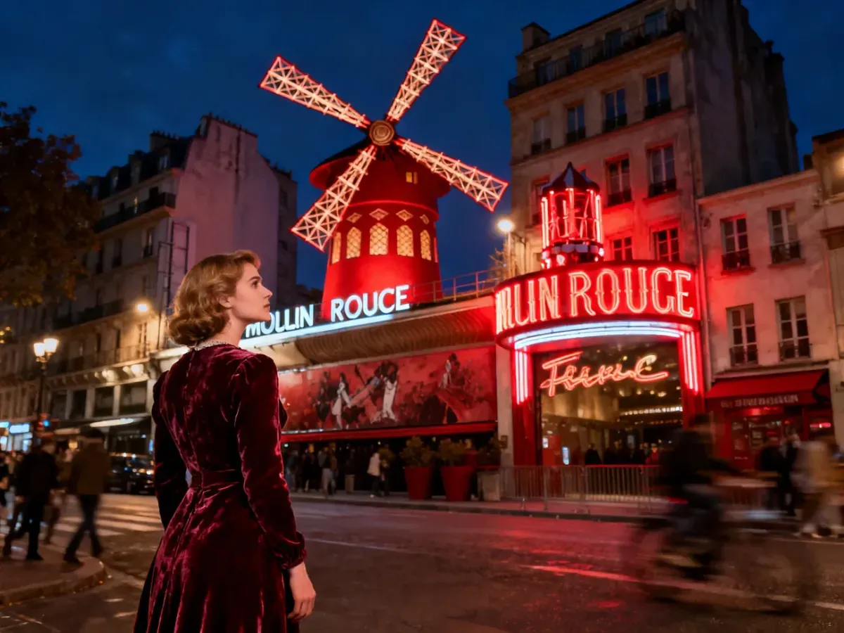 Kobieta w sukni w stylu vintage stoi przed rozświetlonym na czerwono młynem Moulin Rouge w Paryżu.