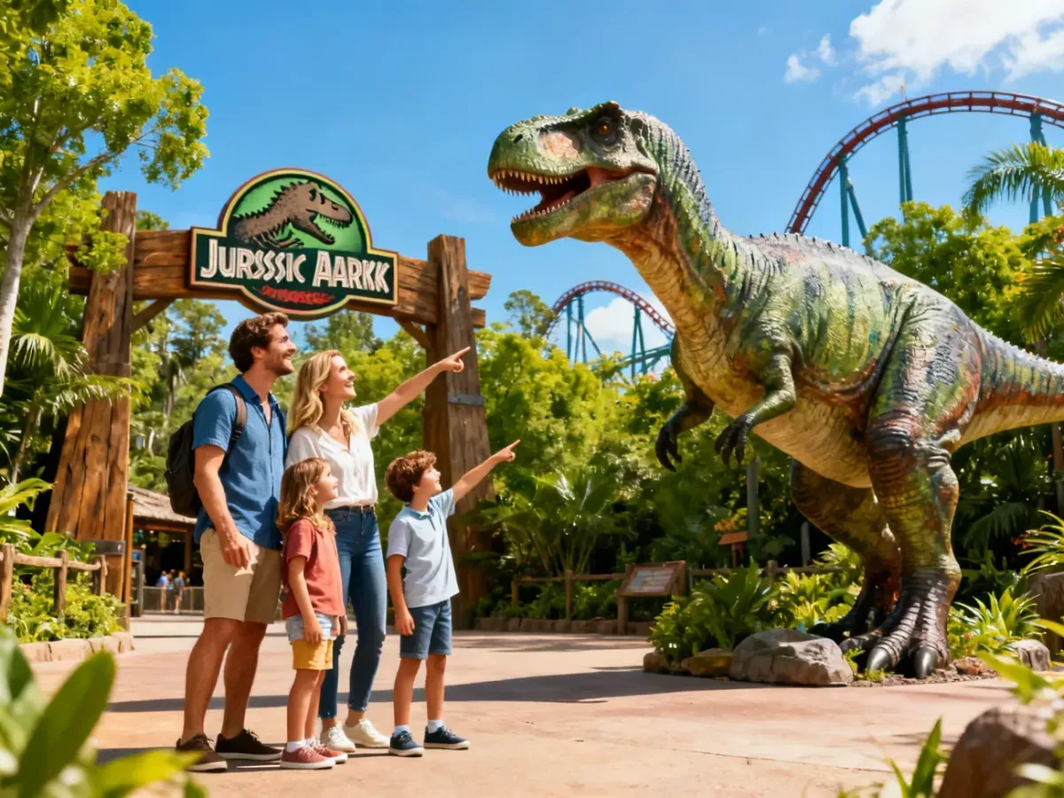 Szczęśliwa rodzina zwiedzająca park jurajski w Bałtowie i wskazująca na model dinozaura.