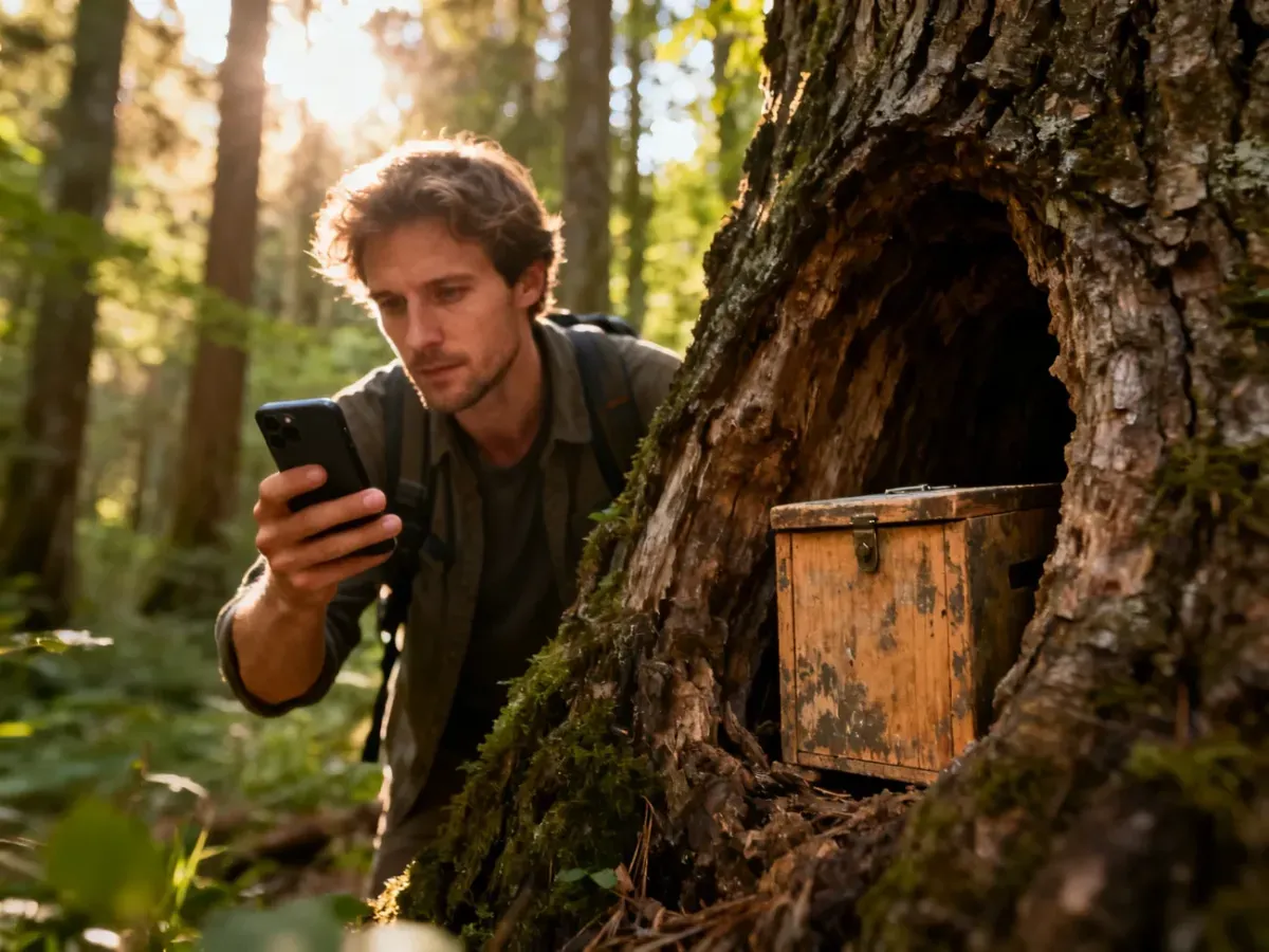Mężczyzna ze smartfonem odnajduje ukrytą w dziupli drzewa skrzynkę geocachingową w pełnym zieleni lesie.