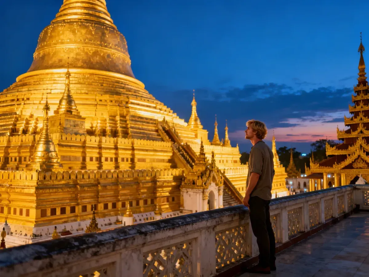 Mężczyzna podziwiający oświetloną złotą pagodę Shwedagon w Mjanmie podczas zachodu słońca.