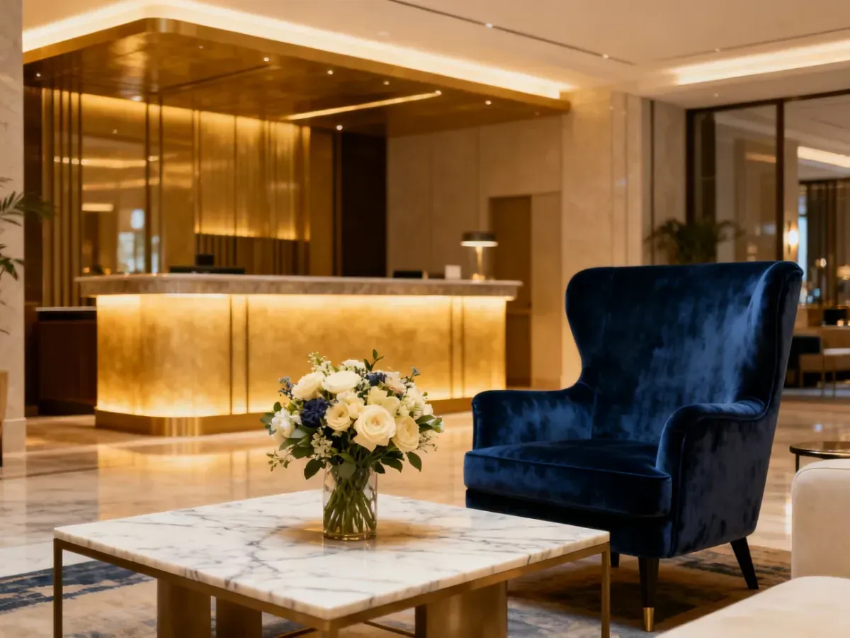Eleganckie lobby hotelu butikowego z aksamitnym fotelem, marmurowym stolikiem i stylową recepcją w ciepłym oświetleniu.