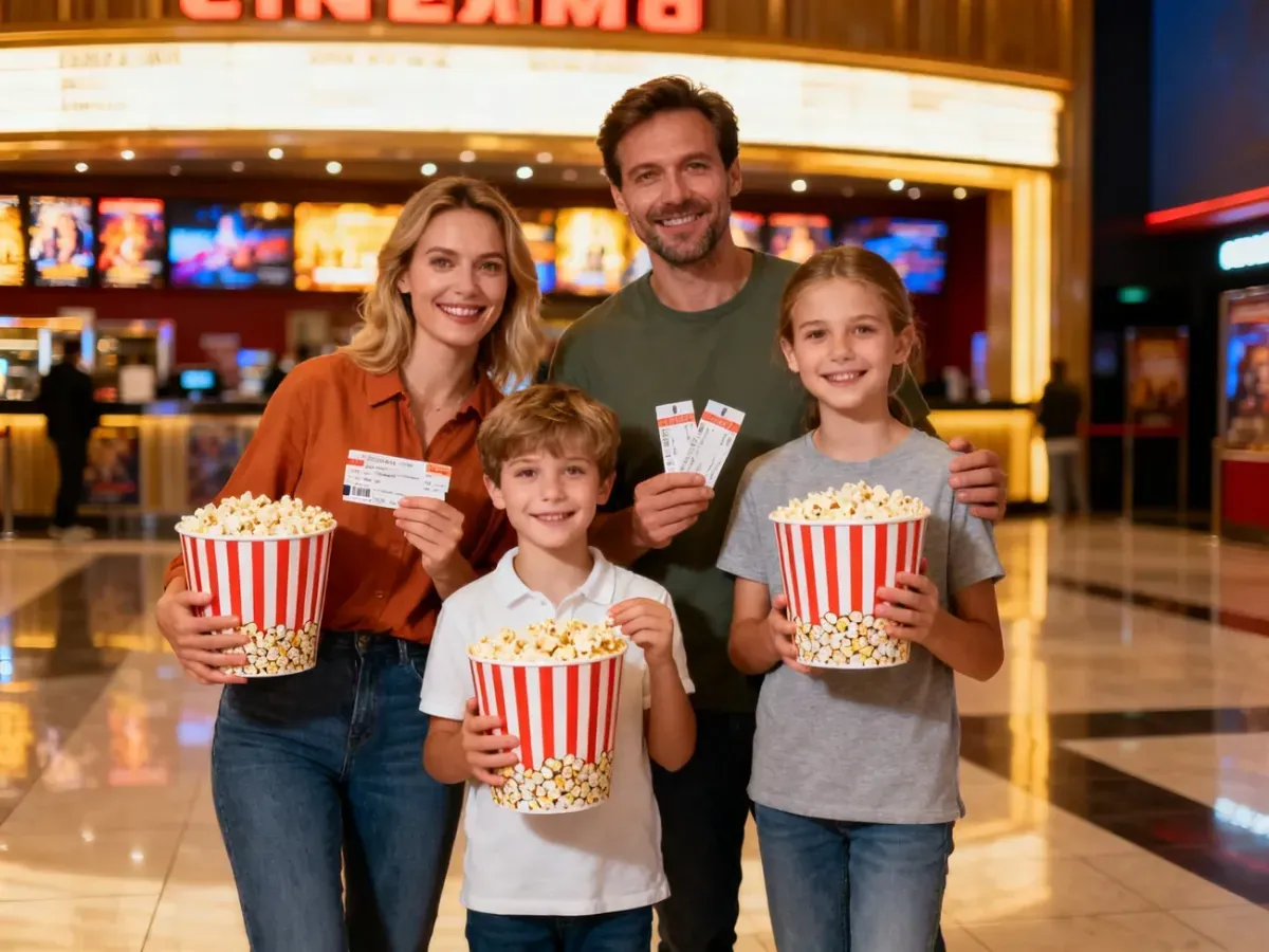 Szczęśliwa czteroosobowa rodzina z biletami i popcornem w nowoczesnym holu kina, gotowa na wspólny seans.